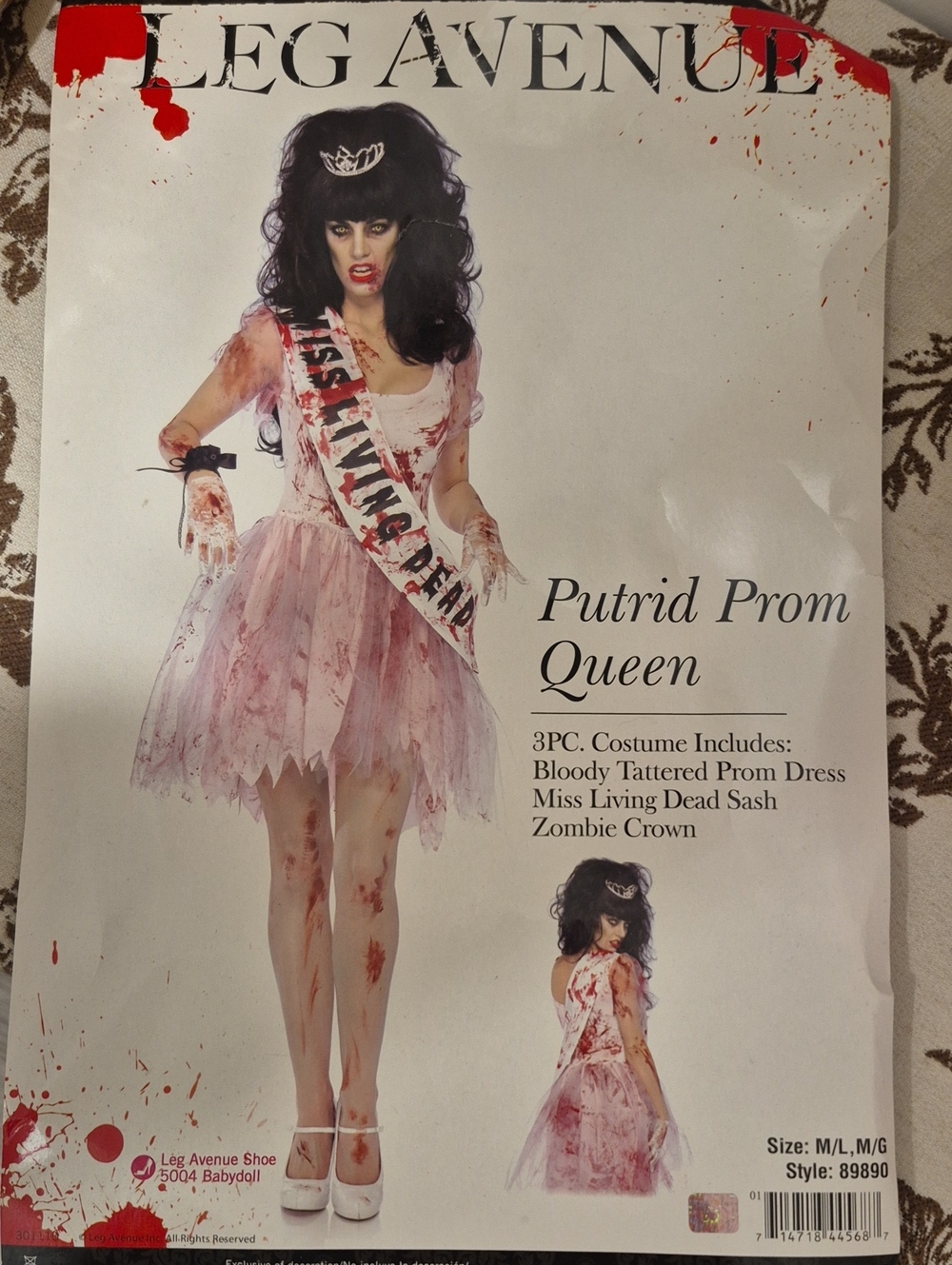 Leg Avenue Zombie Prom Queen Costume - Pink Bloody Prom Dress with Sash & Crown